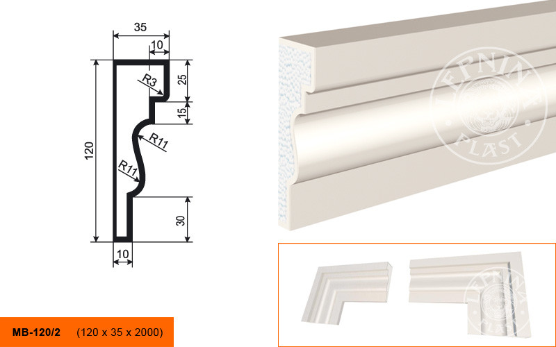 Заказать Молдинг LepninaPlast МВ-120/2 120х35х2000 мм из полистирола с покрытием белый 