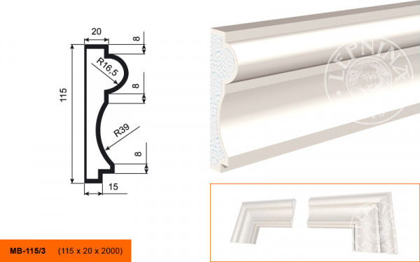 Молдинг LepninaPlast МВ-115/3 115х35х2000 мм из полистирола с покрытием белый