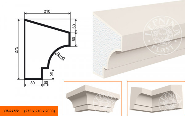 Потолочный плинтус LepninaPlast КВ-275/2 275х210х2000 мм из полистирола с покрытием белый