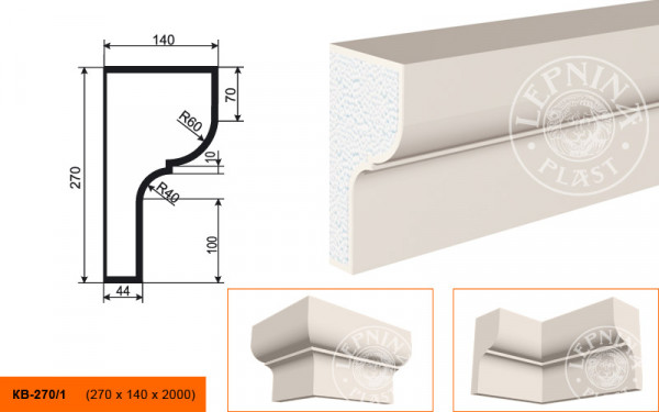 Потолочный плинтус LepninaPlast КВ-270/1 270х140х2000 мм из полистирола с покрытием белый
