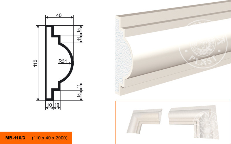 Заказать Молдинг LepninaPlast МВ-110/3 110х40х2000 мм из полистирола с покрытием белый 