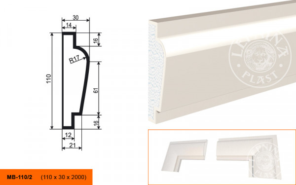 Молдинг LepninaPlast МВ-110/2 110х30х2000 мм из полистирола с покрытием белый