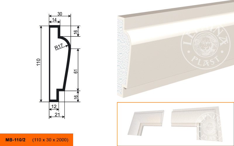 Заказать Молдинг LepninaPlast МВ-110/2 110х30х2000 мм из полистирола с покрытием белый 