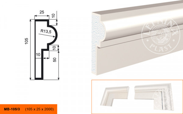 Молдинг LepninaPlast МВ-105/3 105х35х2000 мм из полистирола с покрытием белый