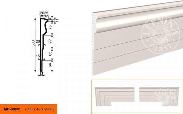 Молдинг LepninaPlast МВ-300/2 300х45х2000 мм из полистирола с покрытием белый