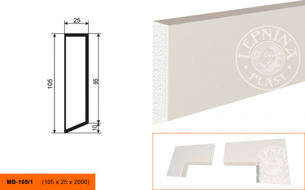 Молдинг LepninaPlast МВ-105/1 105х25х2000 мм из полистирола с покрытием белый