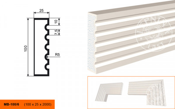 Молдинг LepninaPlast МВ-100/6 100х25х2000 мм из полистирола с покрытием белый