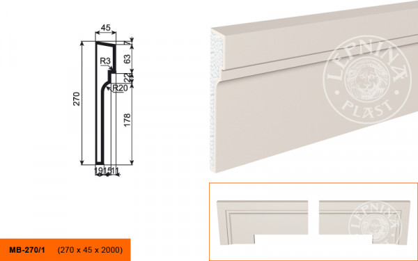 Молдинг LepninaPlast МВ-270/1 270х45х2000 мм из полистирола с покрытием белый