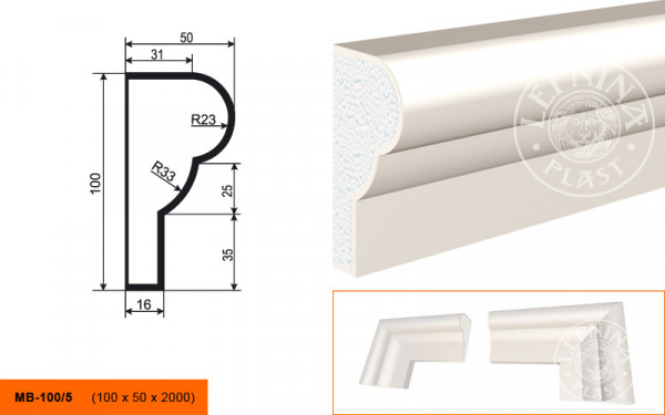 Молдинг LepninaPlast МВ-100/5 100х50х2000 мм из полистирола с покрытием белый