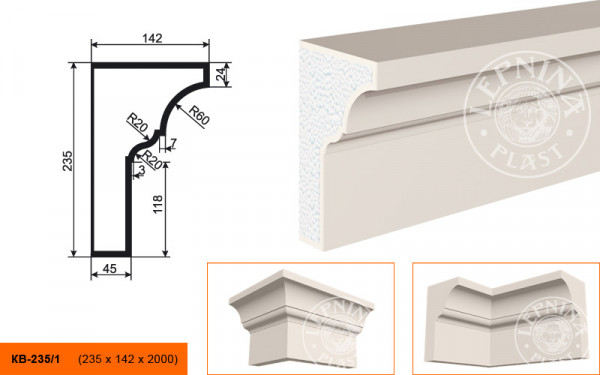 Потолочный плинтус LepninaPlast КВ-235/1 235х142х2000 мм из полистирола с покрытием белый