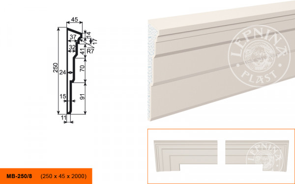 Молдинг LepninaPlast МВ-250/8 250х45х2000 мм из полистирола с покрытием белый