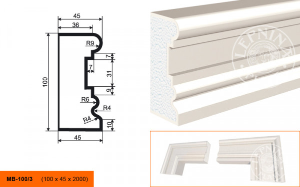 Молдинг LepninaPlast МВ-100/3 100х45х2000 мм из полистирола с покрытием белый