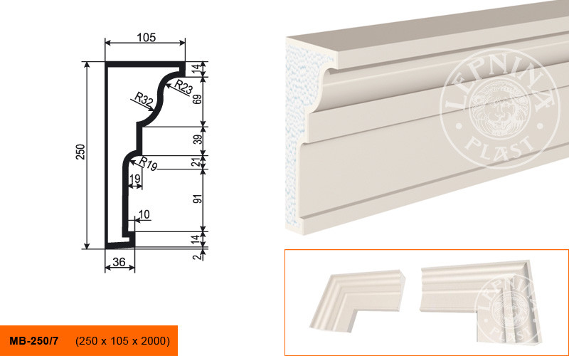 Заказать Молдинг LepninaPlast МВ-250/7 250х105х2000 мм из полистирола с покрытием белый 