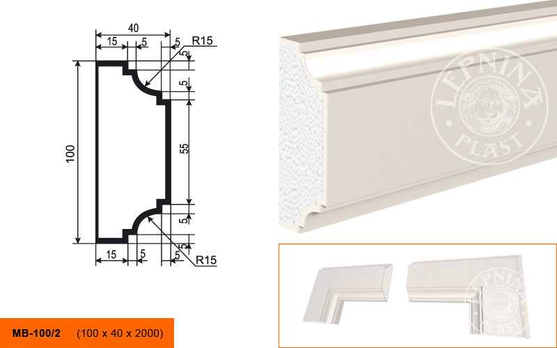 Заказать Молдинг LepninaPlast МВ-100/2 100х40х2000 мм из полистирола с покрытием белый 