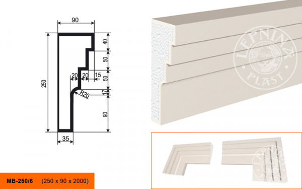 Молдинг LepninaPlast МВ-250/6 250х90х2000 мм из полистирола с покрытием белый