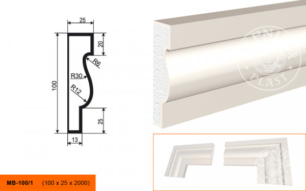 Молдинг LepninaPlast МВ-100/1 100х25х2000 мм из полистирола с покрытием белый