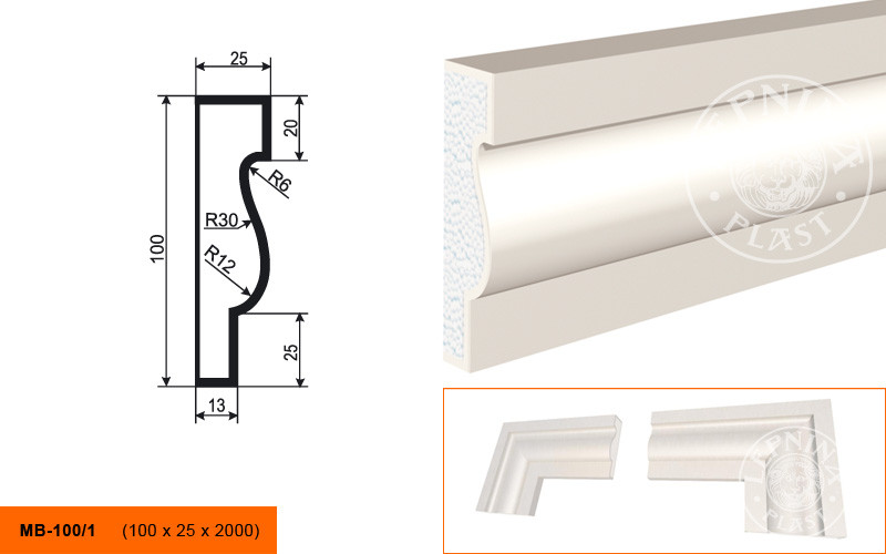 Заказать Молдинг LepninaPlast МВ-100/1 100х25х2000 мм из полистирола с покрытием белый 