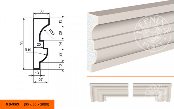 Молдинг LepninaPlast МВ-95/3 95х30х2000 мм из полистирола с покрытием белый