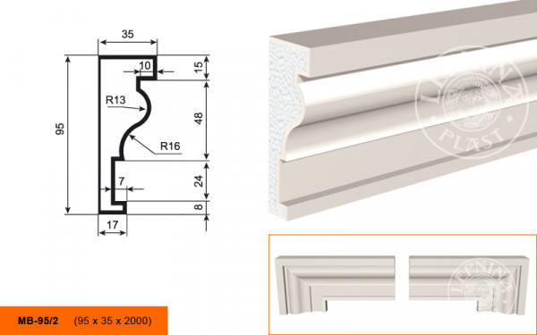 Молдинг LepninaPlast МВ-95/2 95х35х2000 мм из полистирола с покрытием белый