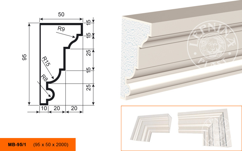 Заказать Молдинг LepninaPlast МВ-95/1 95х50х2000 мм из полистирола с покрытием белый 