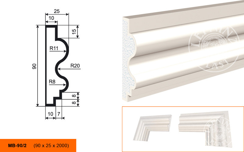 Заказать Молдинг LepninaPlast МВ-90/2 90х25х2000 мм из полистирола с покрытием белый 