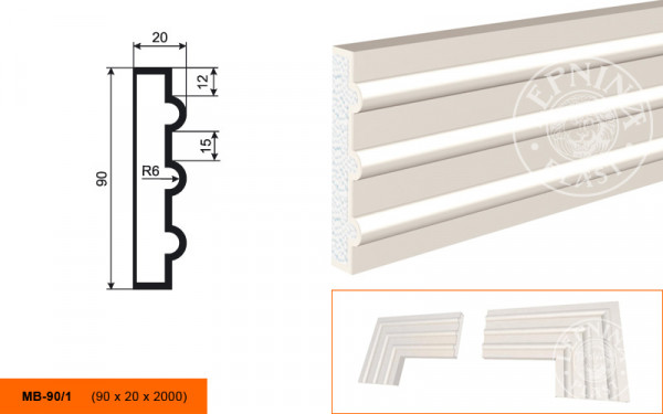 Молдинг LepninaPlast МВ-90/1 90х20х2000 мм из полистирола с покрытием белый