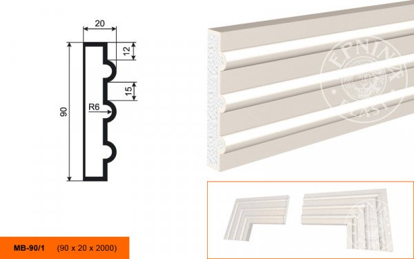 Молдинг LepninaPlast МВ-90/1 90х20х2000 мм из полистирола с покрытием белый