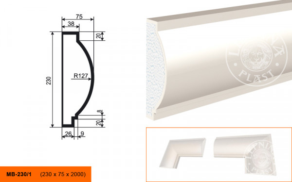 Молдинг LepninaPlast МВ-230/1 230х75х2000 мм из полистирола с покрытием белый