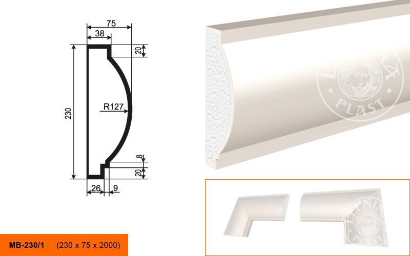 Заказать Молдинг LepninaPlast МВ-230/1 230х75х2000 мм из полистирола с покрытием белый 