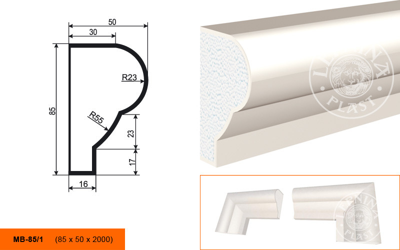 Заказать Молдинг LepninaPlast МВ-85/1 85х50х2000 мм из полистирола с покрытием белый 