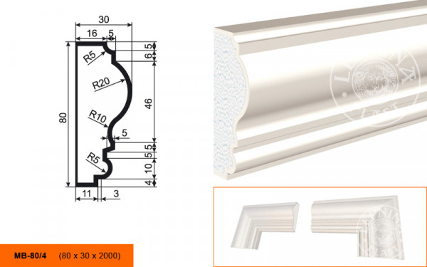 Молдинг LepninaPlast МВ-80/4 80х30х2000 мм из полистирола с покрытием белый