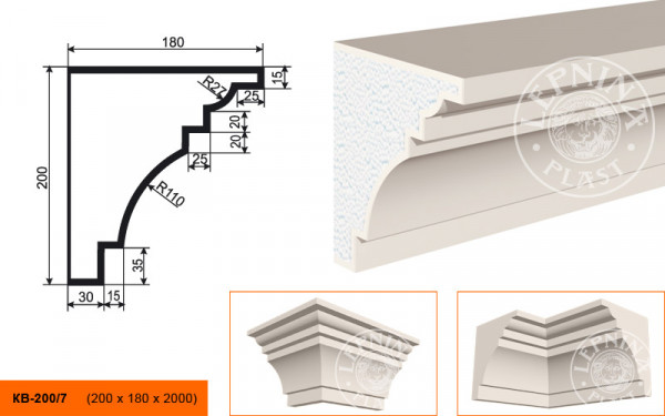 Потолочный плинтус LepninaPlast КВ-200/7 200х180х2000 мм из полистирола с покрытием белый