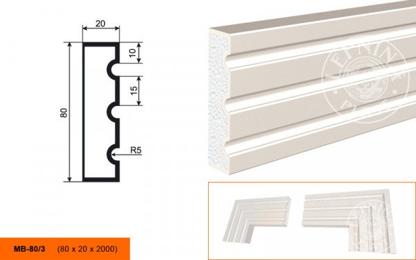Молдинг LepninaPlast МВ-80/3 80х20х2000 мм из полистирола с покрытием белый