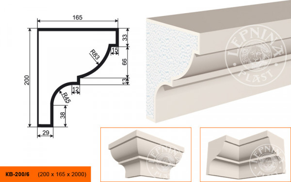 Потолочный плинтус LepninaPlast КВ-200/6 200х165х2000 мм из полистирола с покрытием белый