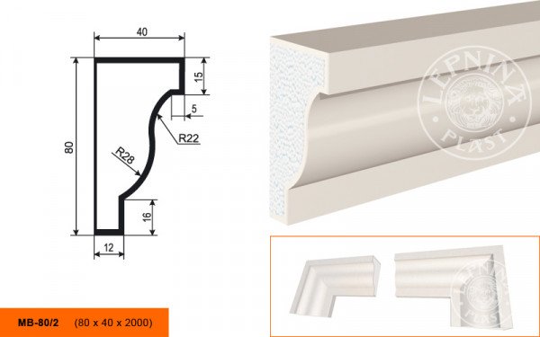 Молдинг LepninaPlast МВ-80/2 80х40х2000 мм из полистирола с покрытием белый