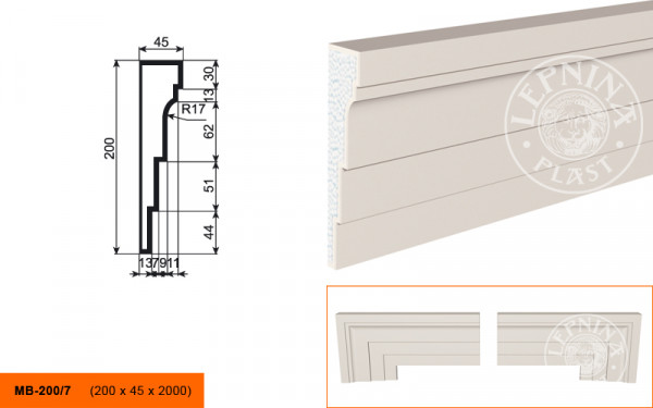 Молдинг LepninaPlast МВ-200/7 200х45х2000 мм из полистирола с покрытием белый