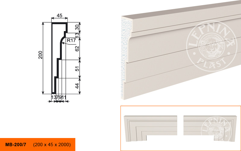 Заказать Молдинг LepninaPlast МВ-200/7 200х45х2000 мм из полистирола с покрытием белый 