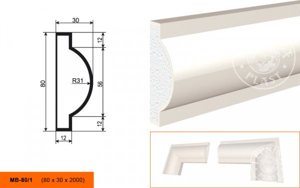 Молдинг LepninaPlast МВ-80/1 80х30х2000 мм из полистирола с покрытием белый