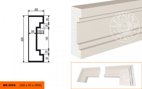 Молдинг LepninaPlast МВ-200/6 200х65х2000 мм из полистирола с покрытием белый