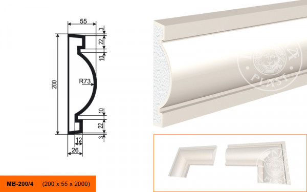 Молдинг LepninaPlast МВ-200/4 200х55х2000 мм из полистирола с покрытием белый