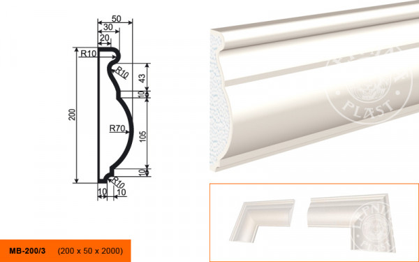 Молдинг LepninaPlast МВ-200/3 200х50х2000 мм из полистирола с покрытием белый