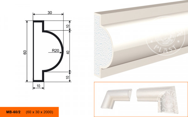 Молдинг LepninaPlast МВ-60/2 60х30х2000 мм из полистирола с покрытием белый