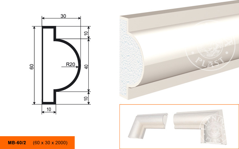 Заказать Молдинг LepninaPlast МВ-60/2 60х30х2000 мм из полистирола с покрытием белый 