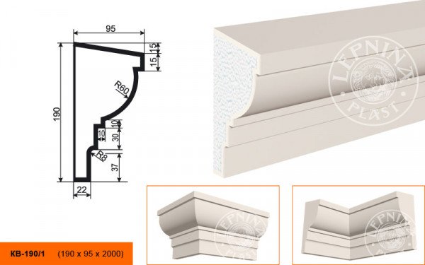 Потолочный плинтус LepninaPlast КВ-190/1 190х95х2000 мм из полистирола с покрытием белый