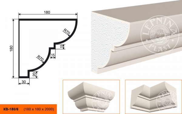 Потолочный плинтус LepninaPlast КВ-180/6 180х180х2000 мм из полистирола с покрытием белый