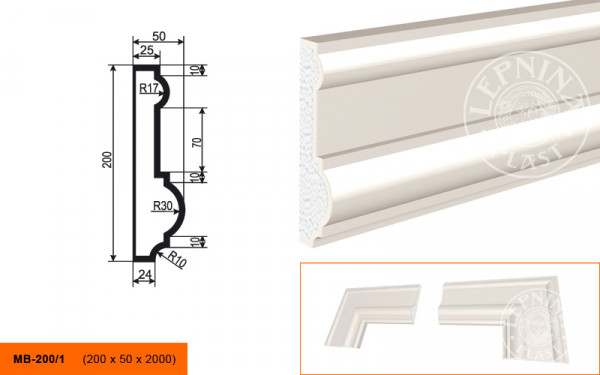 Молдинг LepninaPlast МВ-200/1 200х50х2000 мм из полистирола с покрытием белый