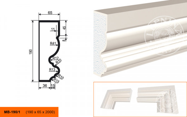 Молдинг LepninaPlast МВ-190/1 190х65х2000 мм из полистирола с покрытием белый