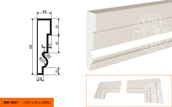Молдинг LepninaPlast МВ-185/1 185х45х2000 мм из полистирола с покрытием белый
