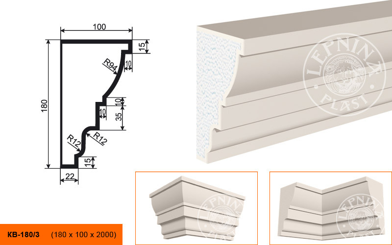 Заказать Потолочный плинтус LepninaPlast КВ-180/3 180х100х2000 мм из полистирола с покрытием белый 