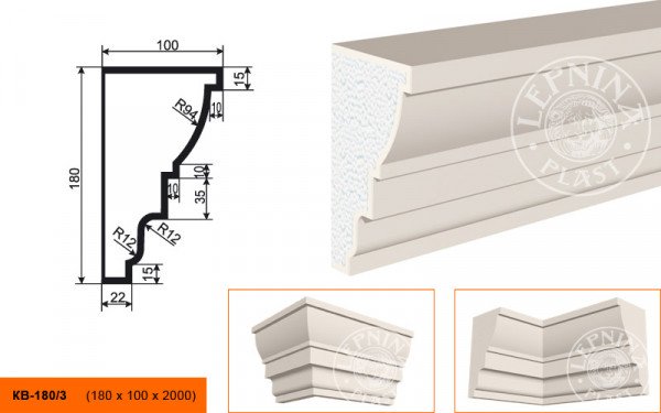 Потолочный плинтус LepninaPlast КВ-180/3 180х100х2000 мм из полистирола с покрытием белый